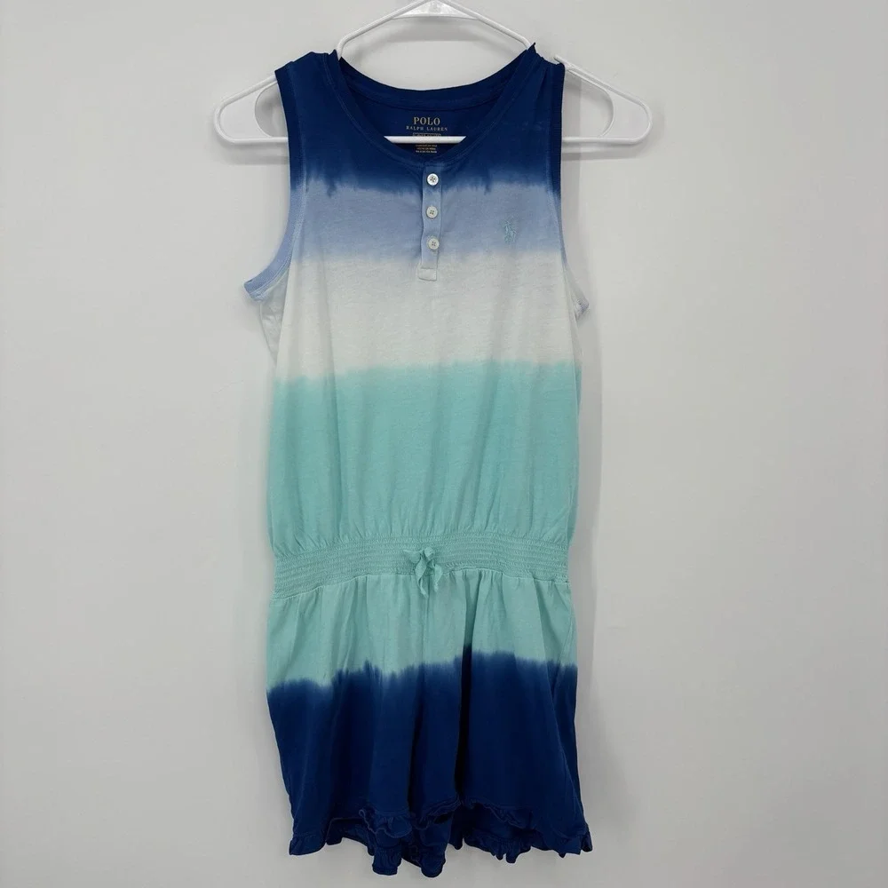 Polo Ralph Lauren Girls Blue Multicolor Ombre Jersey Romper Large (12-14)‎